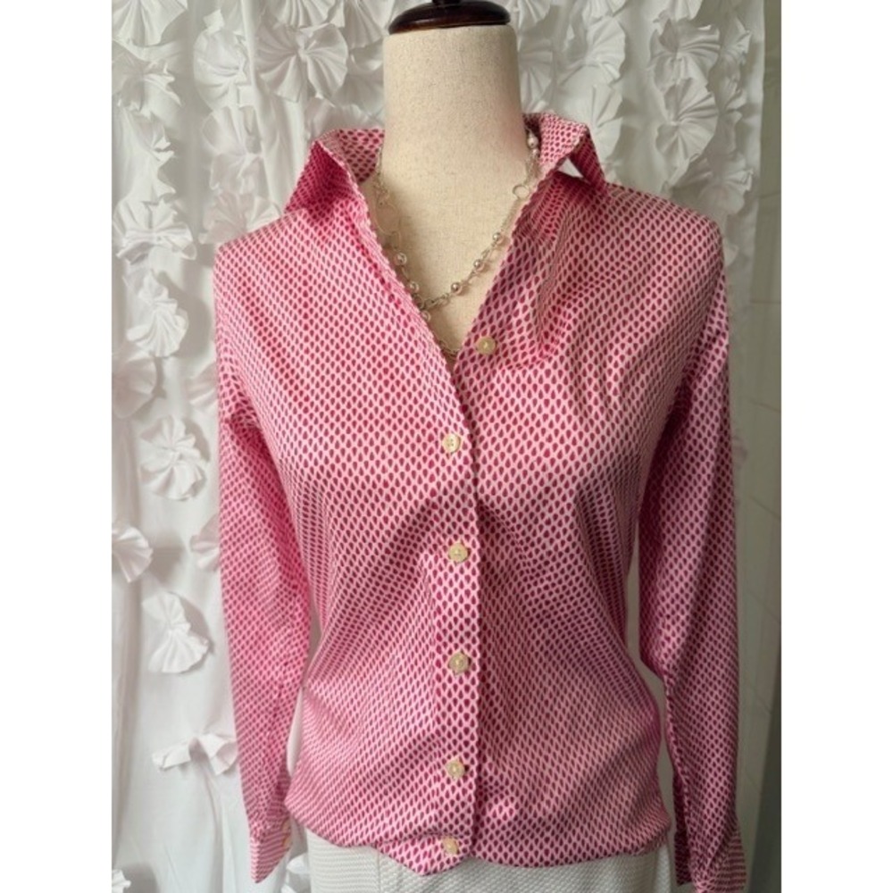Banana Republic Pink White Blouse Geometric Print Button Up Size 4 - Picture 2 of 7